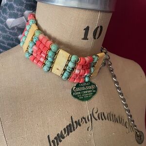 Vintage Masha Archer beaded five strand Gold Turquoise, Coral and shell collar,